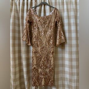 Betsy Adam Rose Gold Sequined Long Sleeve Evening Dress (Stretchy Bodycon)